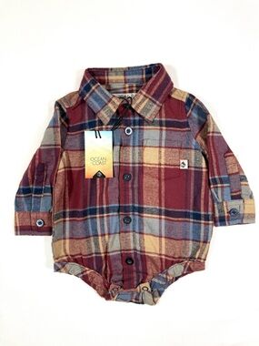 NWT OCEAN + COAST Plaid Flannel Romper Baby Boy Size 3M Long Sleeve Snap Bottom